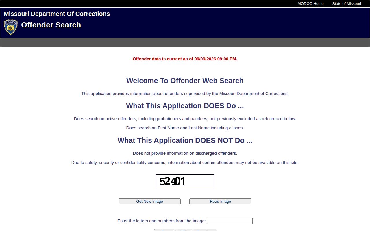 Missouri Department of Corrections public offender search form