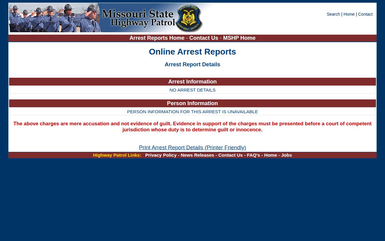 Missouri State Highway Patrol arrest detail showing event agency charge and holding fields