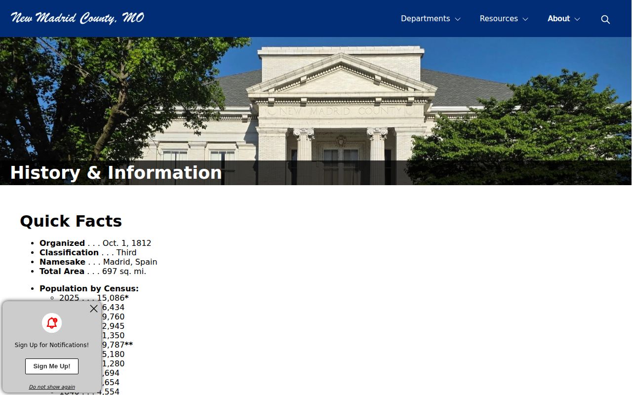 New Madrid County history page describing jail and joint facility changes