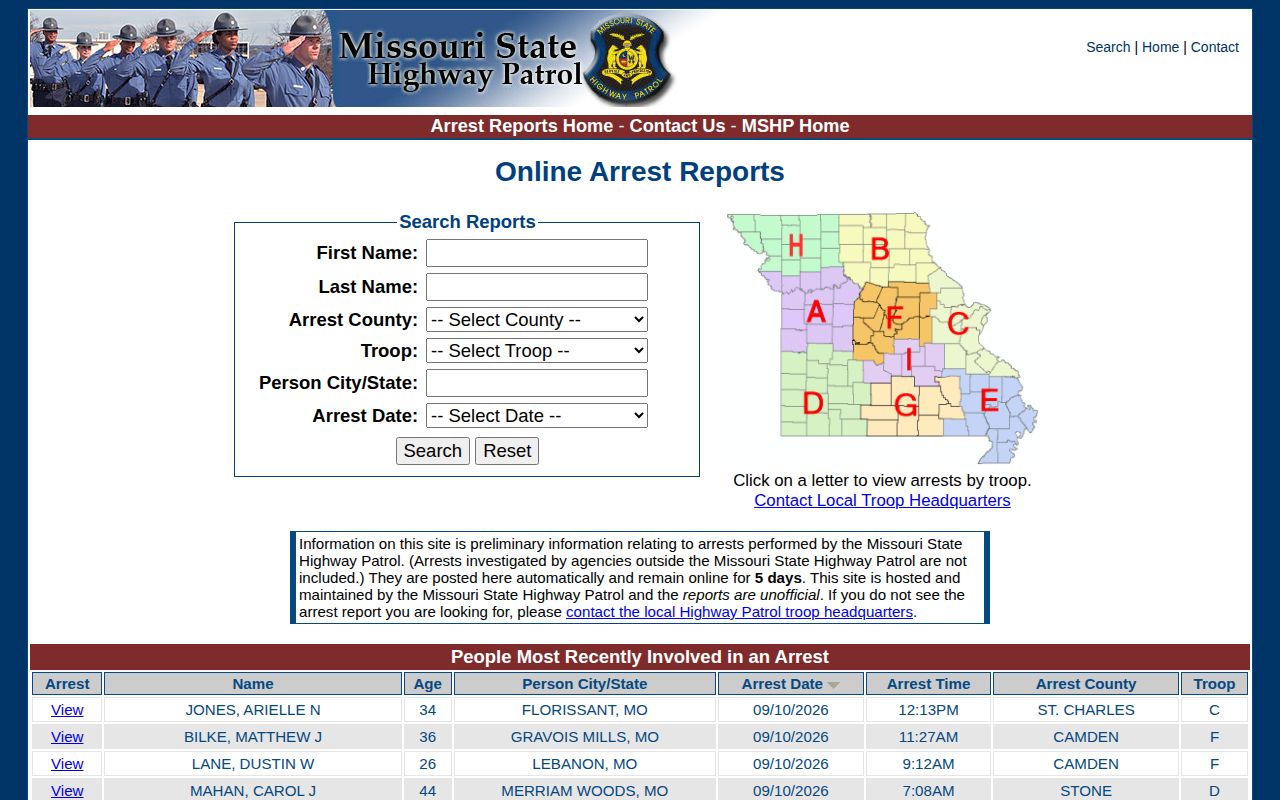 Missouri State Highway Patrol recent arrest report search interface