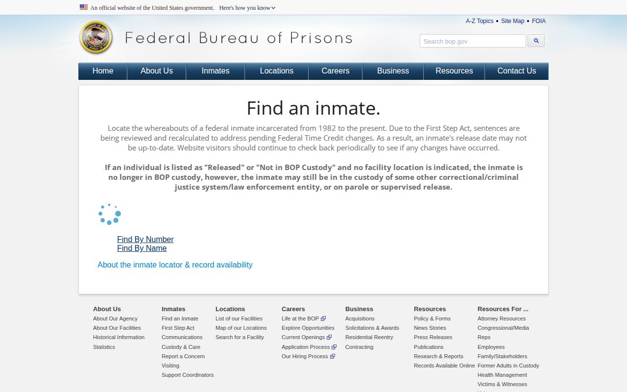 Federal Bureau of Prisons inmate locator search interface