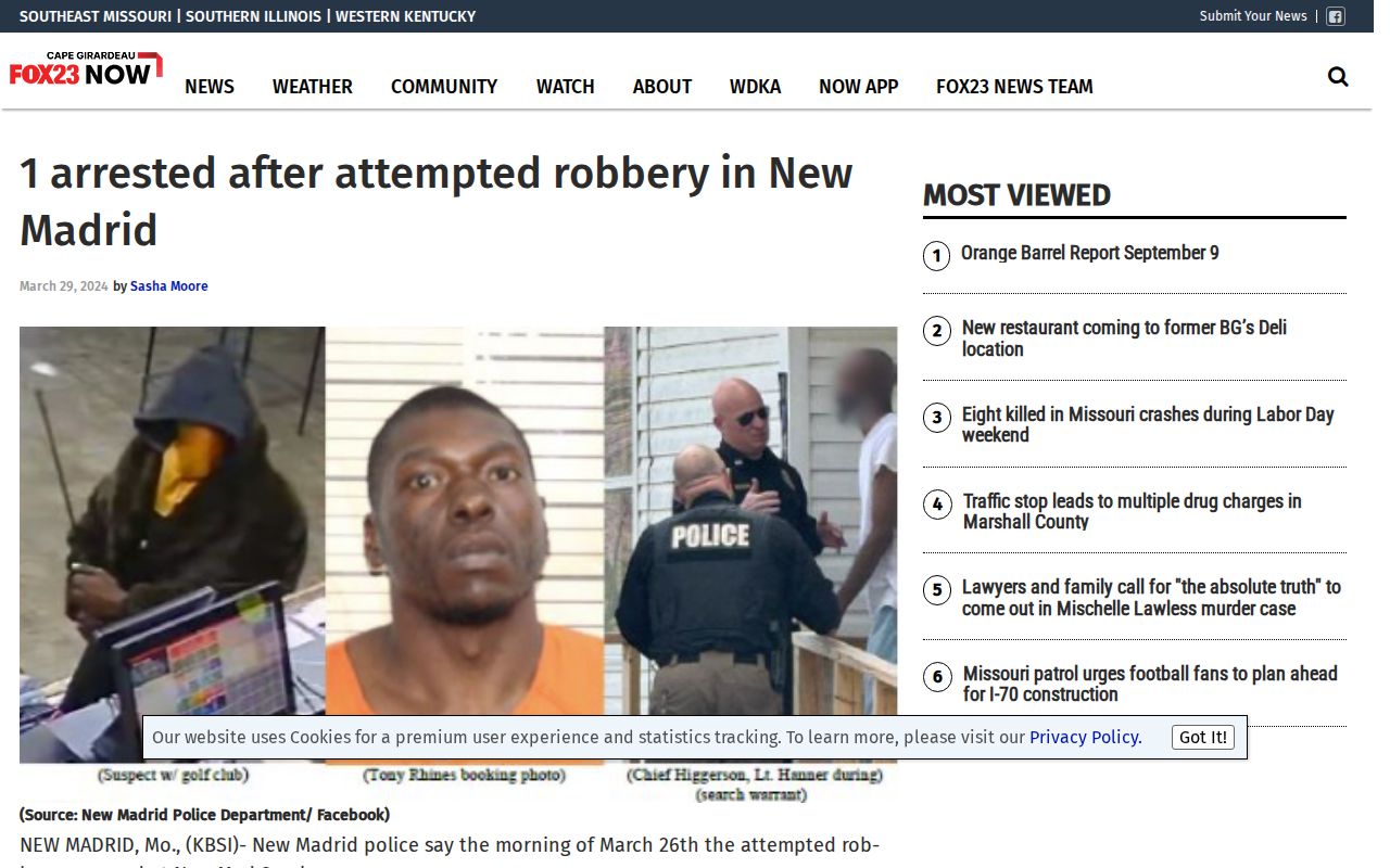 KBSI news report concerning an arrest in New Madrid with source attribution