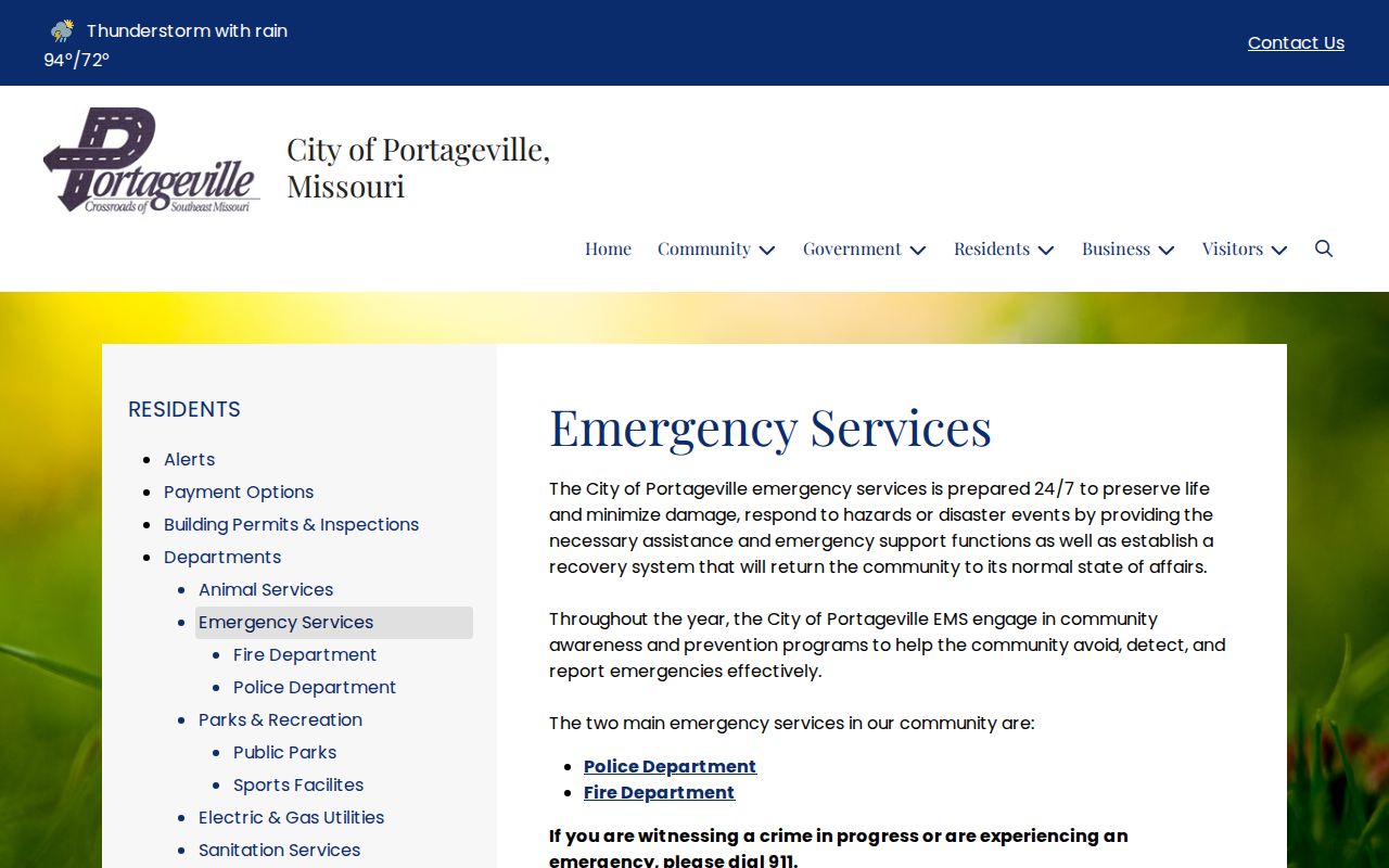 Portageville official emergency-services page for local arrest-record contact